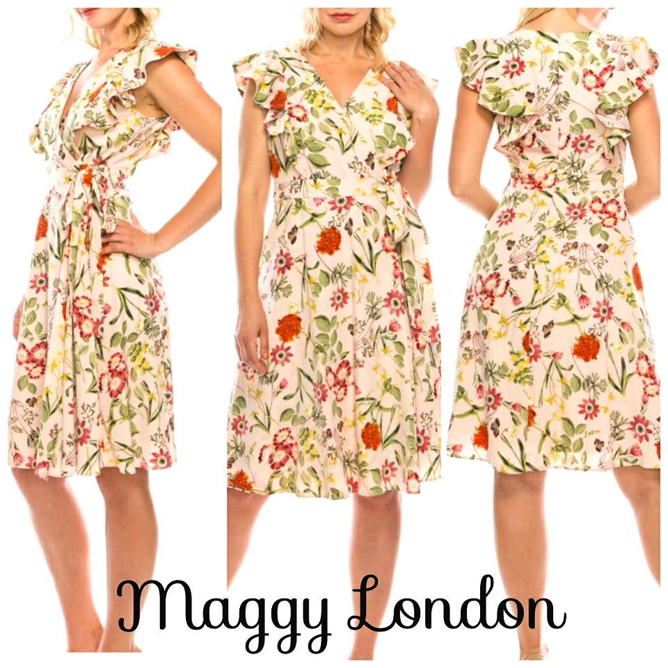 Nwot Maggie London Blush Pink Floral Faux Wrap Flutter Cap Sleeves Dress